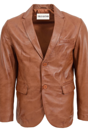Mens Leather Blazer Two Button Jacket Zavi Tan