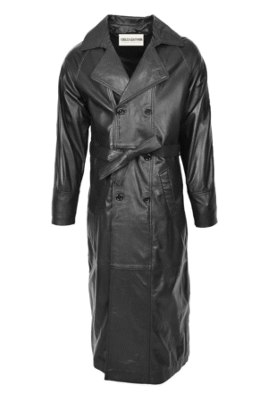 Mens Full Length Double Breasted Leather Coat Pete Black
