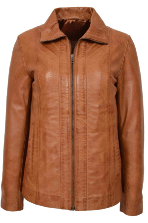 Womens Classic Zip Fastening Leather Jacket Julia Tan