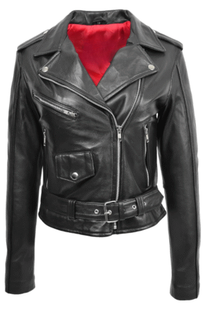 Womens Leather Biker Brando Style Jacket Holly Black