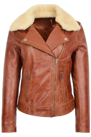 Womens Leather Biker Jacket with Detachable Collar Lauren Chestnut