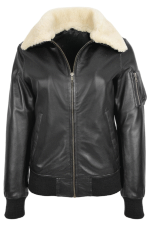 Womens Leather Bomber Jacket Removable Collar Thea Black