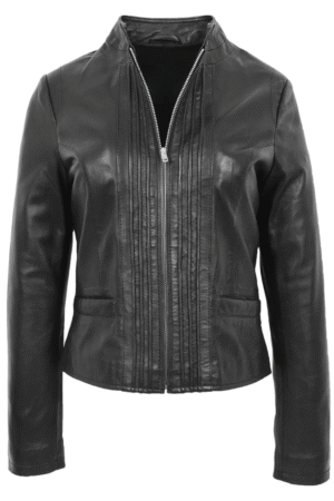 Womens Leather Casual Standing Collar Jacket Ivy Black