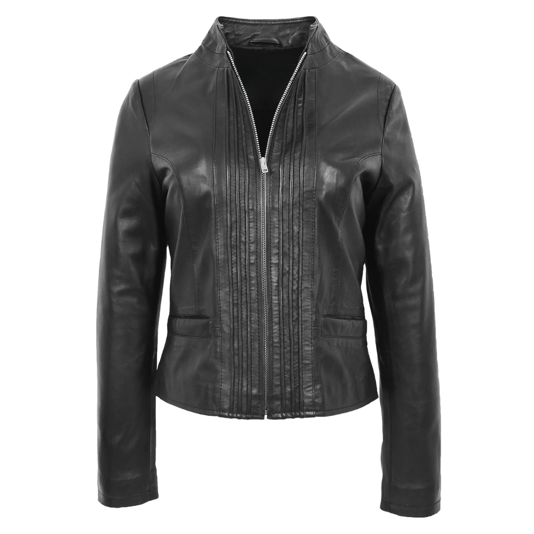 Womens Leather Casual Standing Collar Jacket Ivy Black