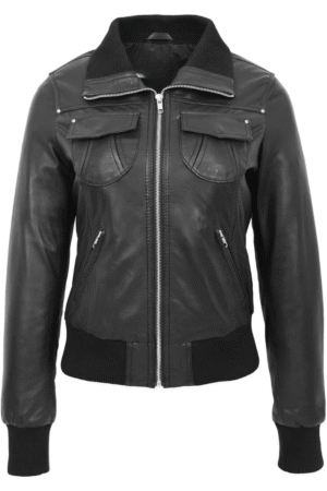 Womens Leather Classic Bomber Jacket Motto Black