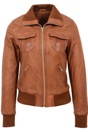 Womens Leather Classic Bomber Jacket Motto Tan
