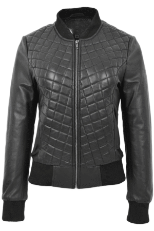 Womens Leather Varsity Quilted Bomber Jacket Sally Black