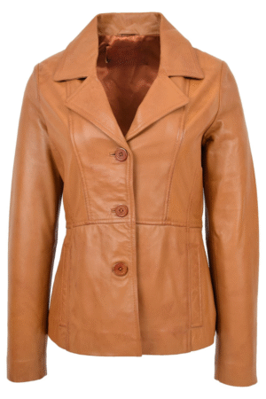 Womens Classic Three Button Leather Blazer Ruth Tan