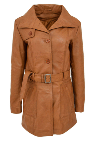 Womens Leather Trench Coat with Belt Shania Tan
