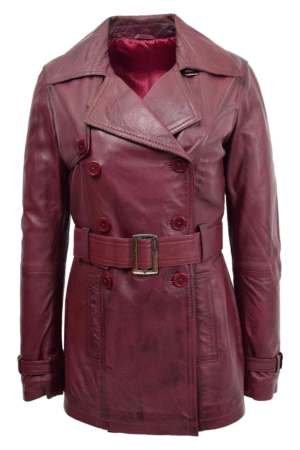 Womens Leather Double Breasted Trench Coat Sienna Burgundy