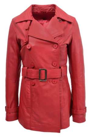 Womens Leather Double Breasted Trench Coat Sienna Red