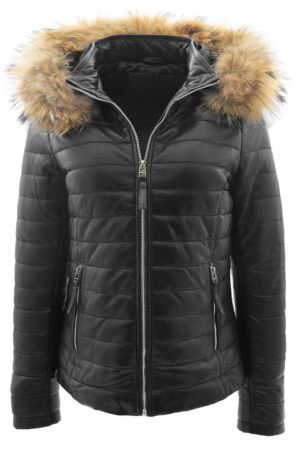 Womens Leather Puffer Coat Detachable Hooded Lucy Black