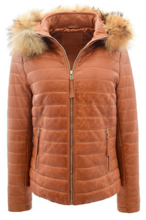 Womens Leather Puffer Coat Detachable Hooded Lucy Tan