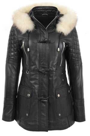 Womens Original Duffle Style Leather Coat Ariel Black
