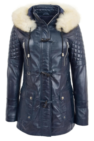 Womens Original Duffle Style Leather Coat Ariel Blue