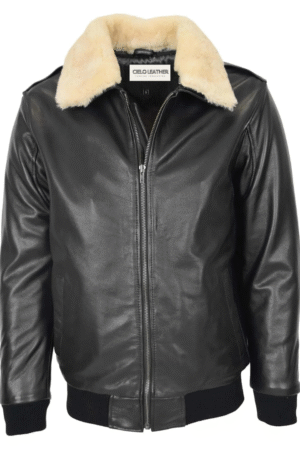Bomber Leather Jacket For Men with Sheepskin Collar Viggo Black