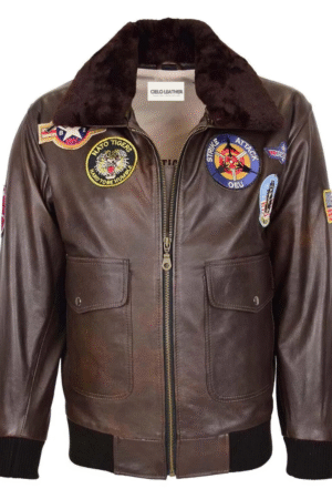 Mens Bomber Leather Jacket Air Force Style Lester Brown