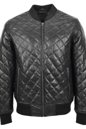 Mens Leather Quilted Bomber Jacket Black