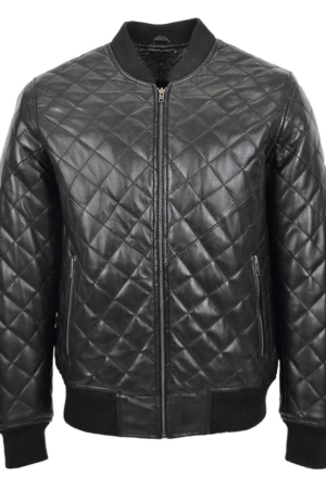 Mens Leather Quilted Bomber Jacket Warren Black