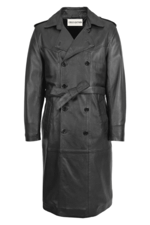 Mens Leather 3/4 Length Coat Double Breasted Travis Black