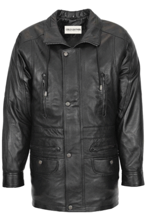 Mens Leather Winter Car Coat Hip Length Jason Black
