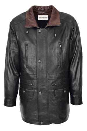 Mens Leather Winter Car Coat Hip Length Jason Black Brown Trim