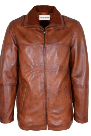 Mens Real Leather Coat Detachable Collar Lining George Cognac