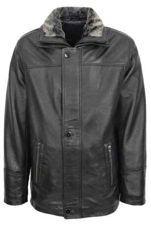 Mens Leather Classic Coat Detachable Collar Roman Black