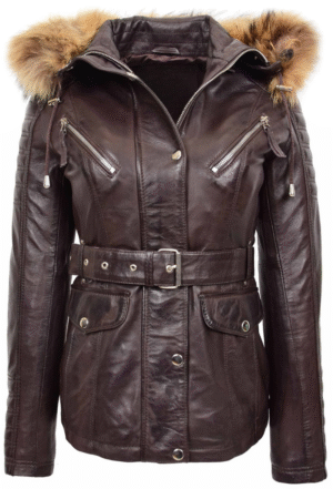 Womens Original Duffle Style Leather Coat Brown