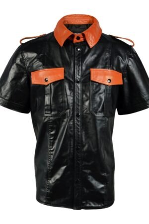 Cielo Leather Men’s Real Leather Slim Fit Biker Vintage Half Sleeve Shirt