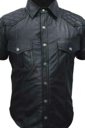 Men's Slim Fit Biker Shirt in Genuine Leather with Vintage Half Sleeves