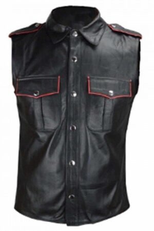 Real Leather Men's Slim Fit Biker Shirt with Vintage Half Sleeves