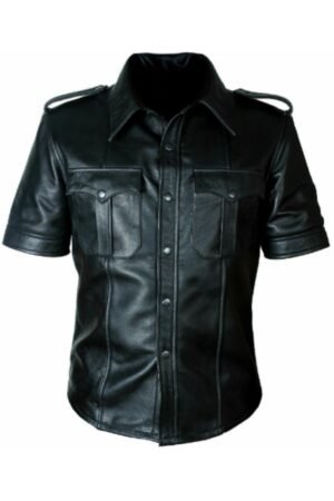 Vintage Half Sleeve Slim Fit Leather Biker Shirt for Men