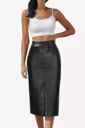 Womens Black Knee Length Leather Pencil Skirt New