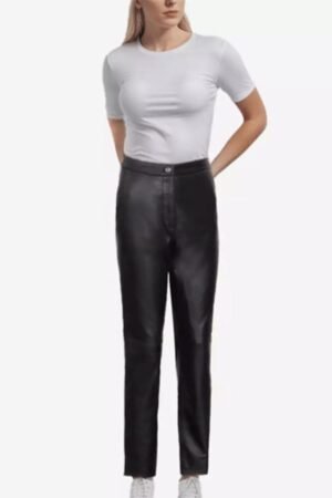 Straight Leg High-Rise Design Women’s Leather Trousers in Black
