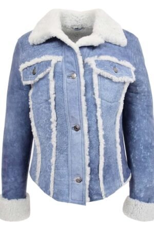 Womens Real Sheepskin Trucker Jacket Kylie Denim Blue