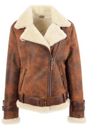 Womens Sheepskin Aviator Cross Zip Pilot Jacket Lena Vintage Brown