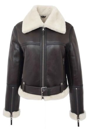 Womens Sheepskin Aviator RAF Pilot Jacket Elsie Brown White