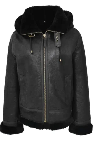 Womens Sheepskin B3 Detachable Hoodie Jacket Naomi Black