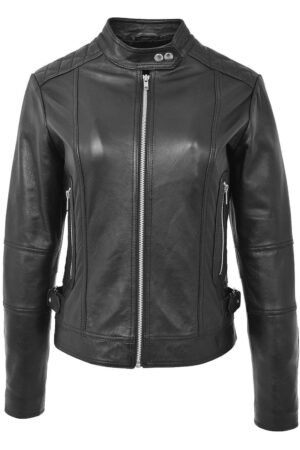 Womens Soft Leather Casual Zip Biker Jacket Ruby Black