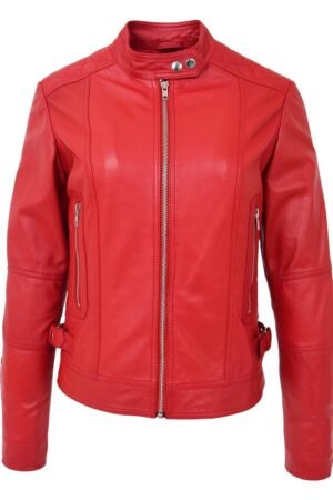 Womens Soft Leather Casual Zip Biker Jacket Ruby Red