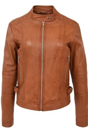 Womens Soft Leather Casual Zip Biker Jacket Ruby Tan