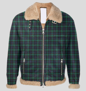 Clan Black Watch Tartan Printed Aviator Shearling Leather Jacket